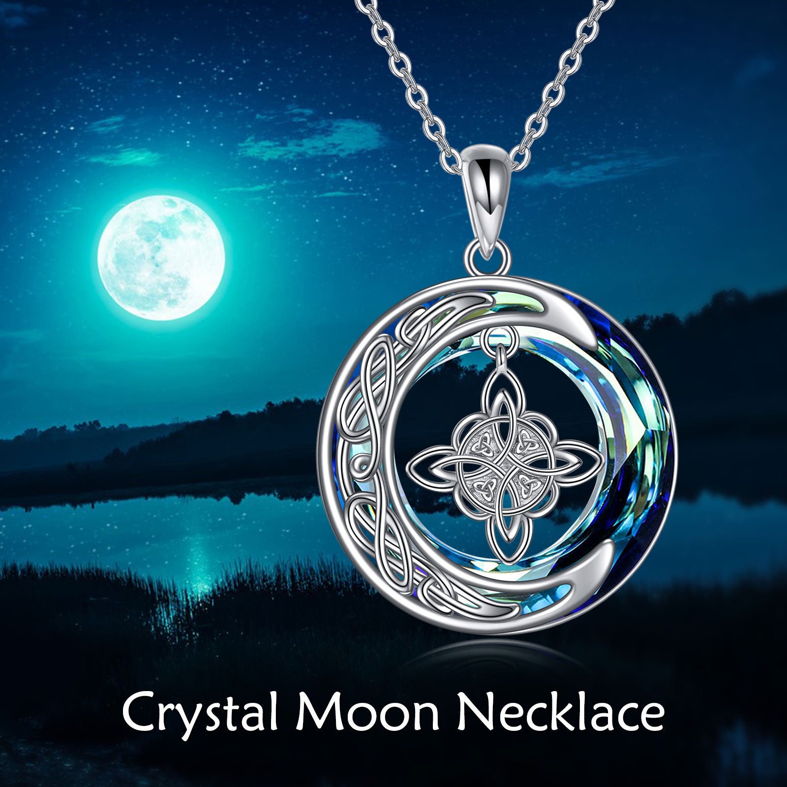 Sterling Silver Round Crystal Celtic Knot & Moon Pendant Necklace