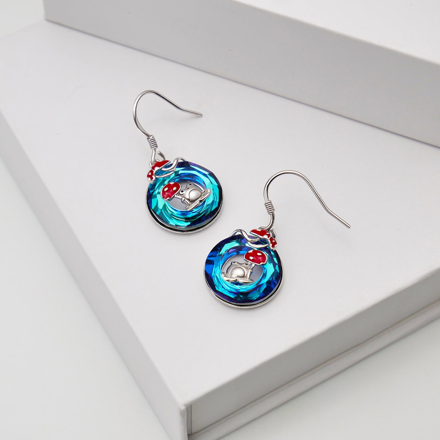 Sterling Silver Round Crystal Frog & Mushroom Drop Earrings