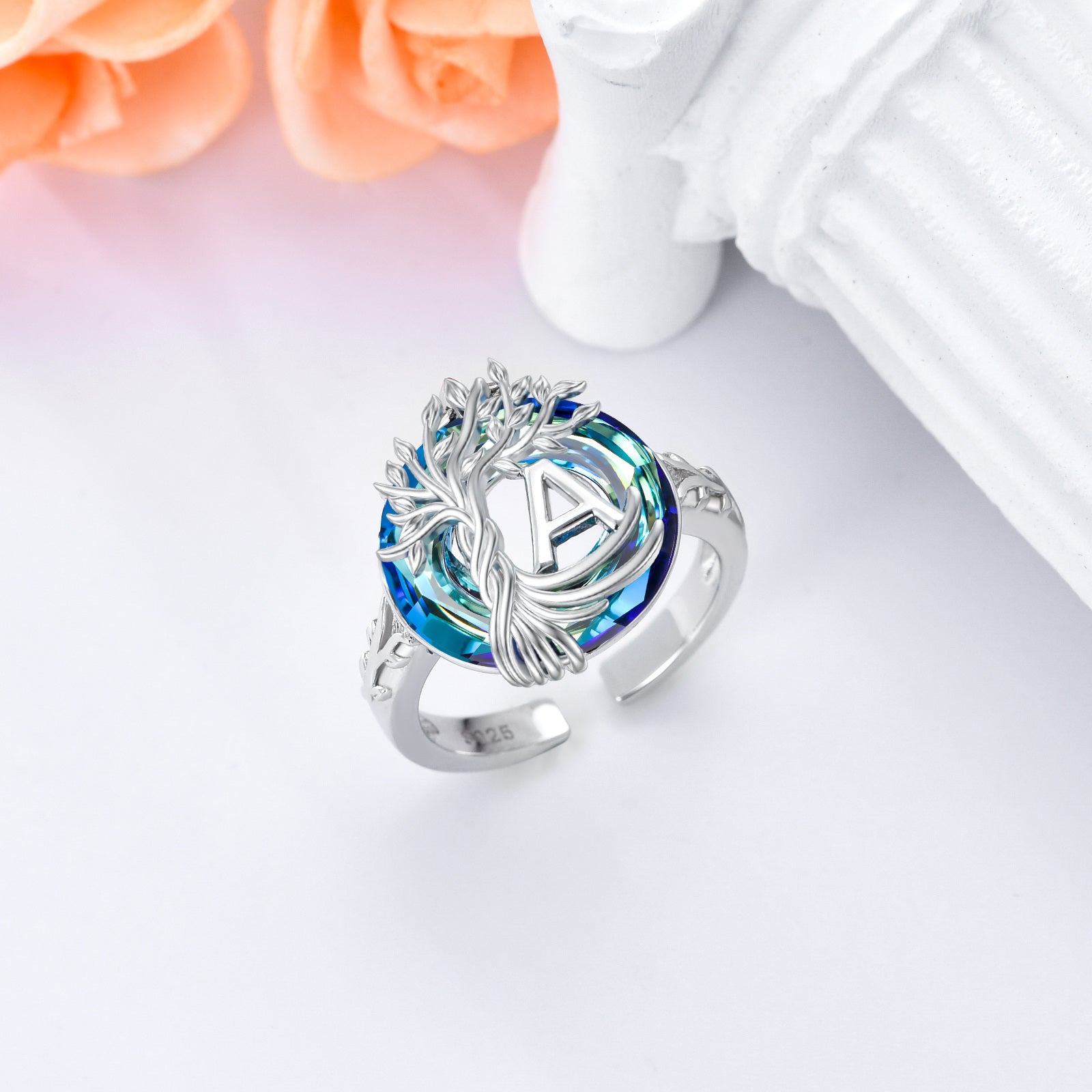 Sterling Silver Round Crystal Personalized Initial A With Tree Of Life Open Ring