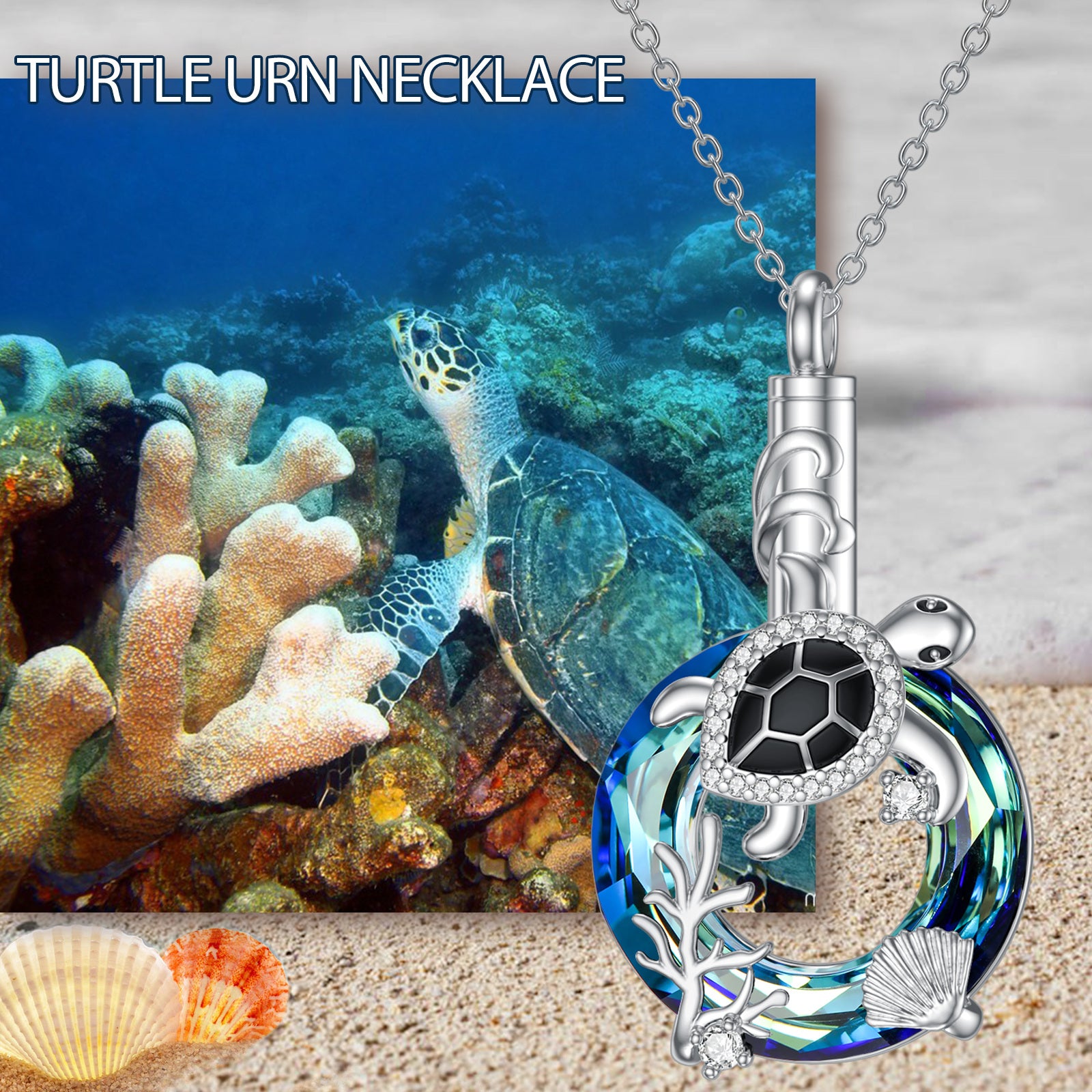 Sterling Silver Round Crystal Sea Turtle Pendant Necklace