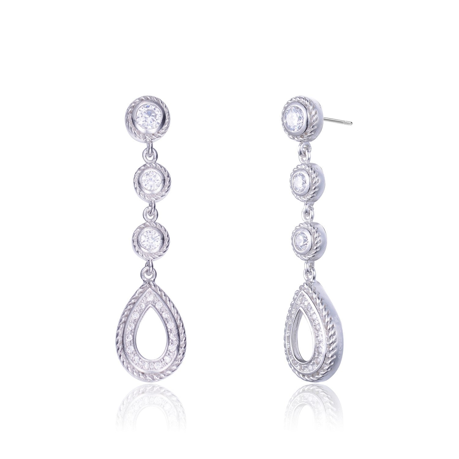 Sterling Silver White Gold Plated With Clear Round Cubic Zirconia Pear Drop Earrings