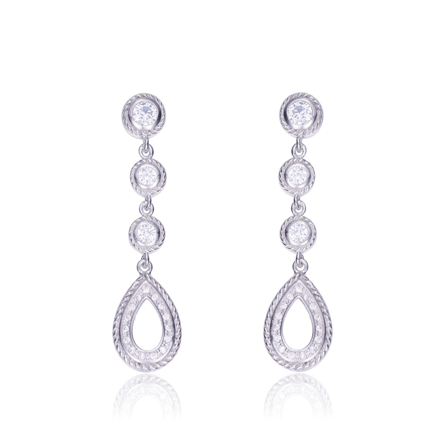 Sterling Silver White Gold Plated With Clear Round Cubic Zirconia Pear Drop Earrings