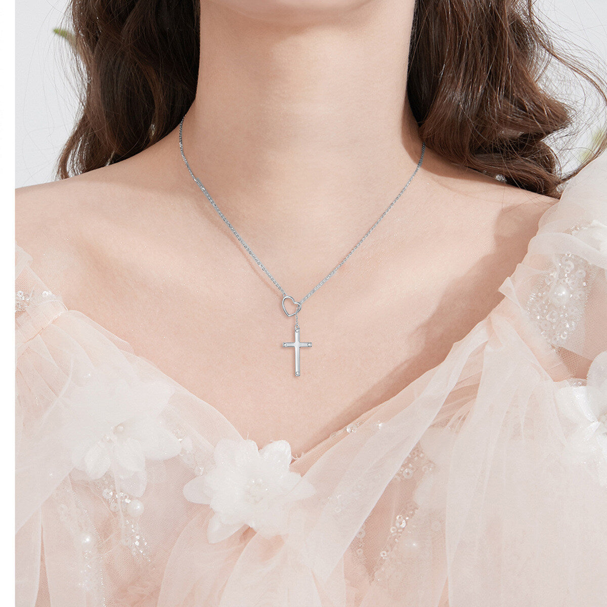 Sterling Silver Round Diamond Cross & Heart Adjustable Y Necklace