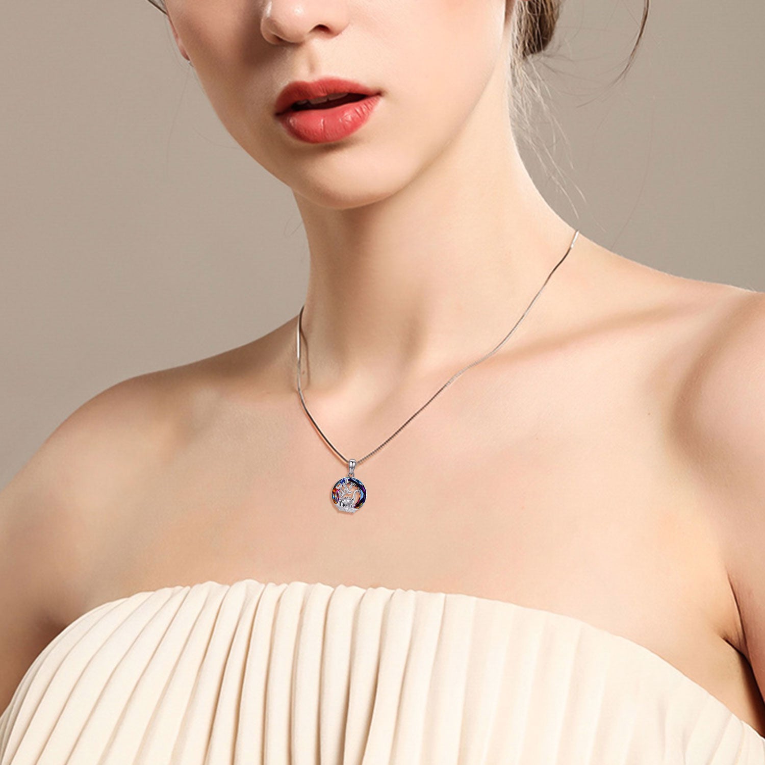 Sterling Silver Round Dinosaurs Crystal Pendant Necklace