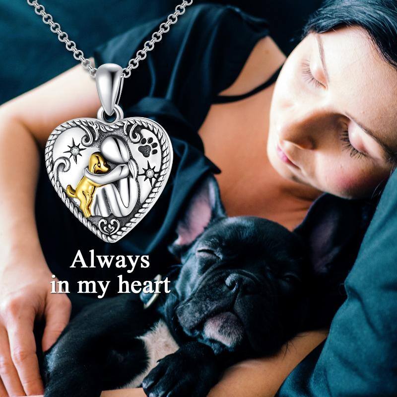 Sterling Silver Round Cubic Zirconia Dog & Heart Personalized Photo Locket Necklace with Engraved Word