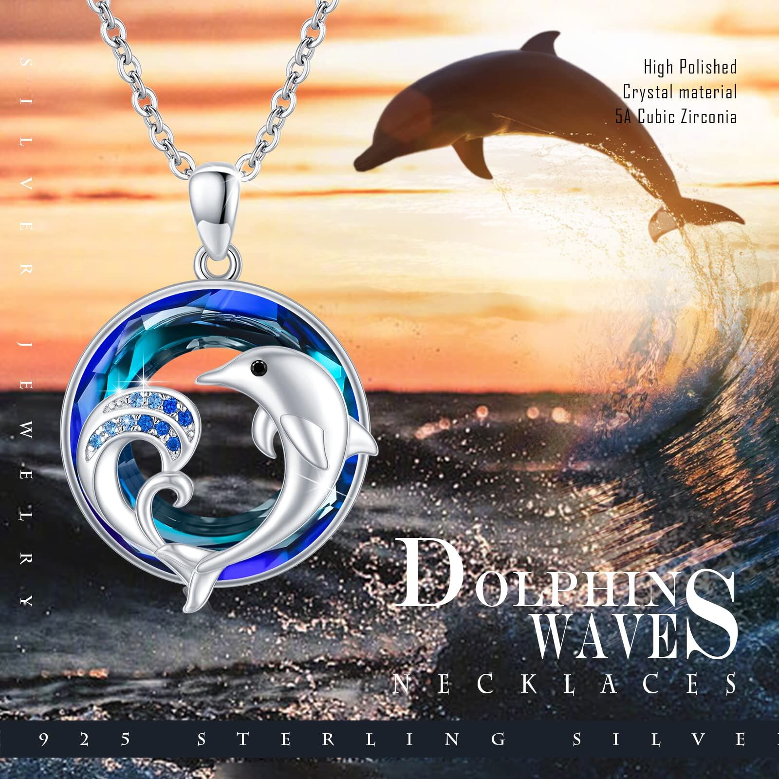 Sterling Silver Round Dolphin & Spray Crystal Pendant Necklace