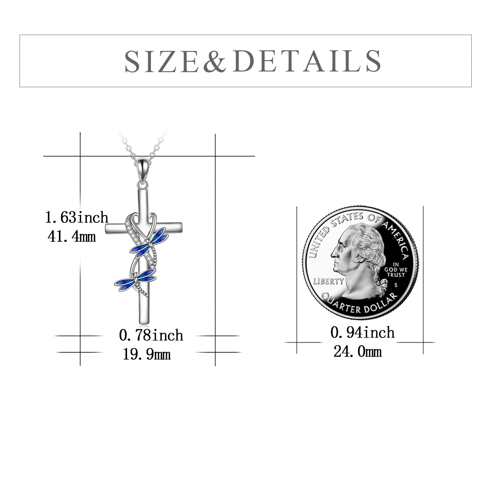 Sterling Silver Round Cubic Zirconia Dragonfly & Cross Pendant Necklace
