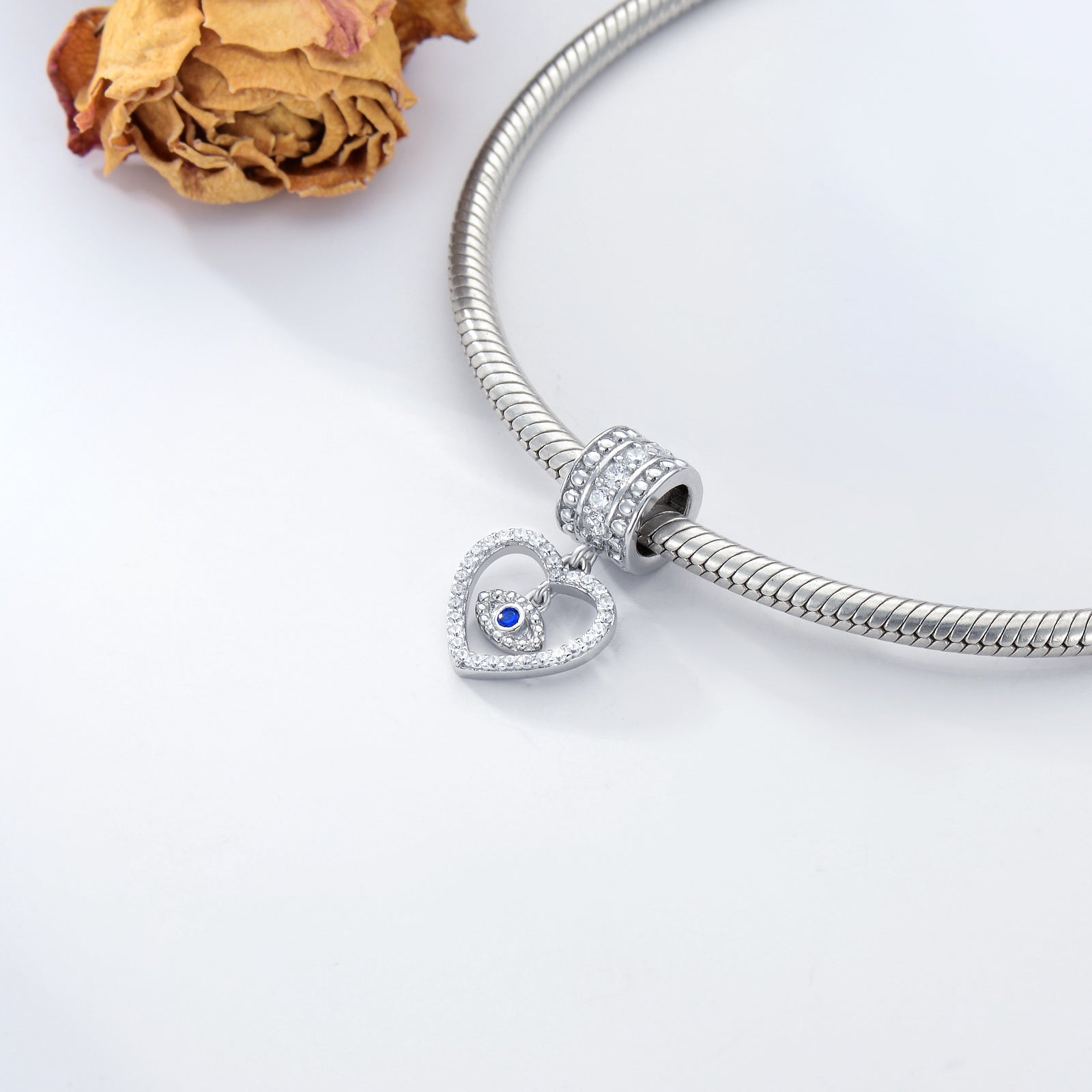 Sterling Silver Round Cubic Zirconia Evil Eye & Heart Pendant Charms
