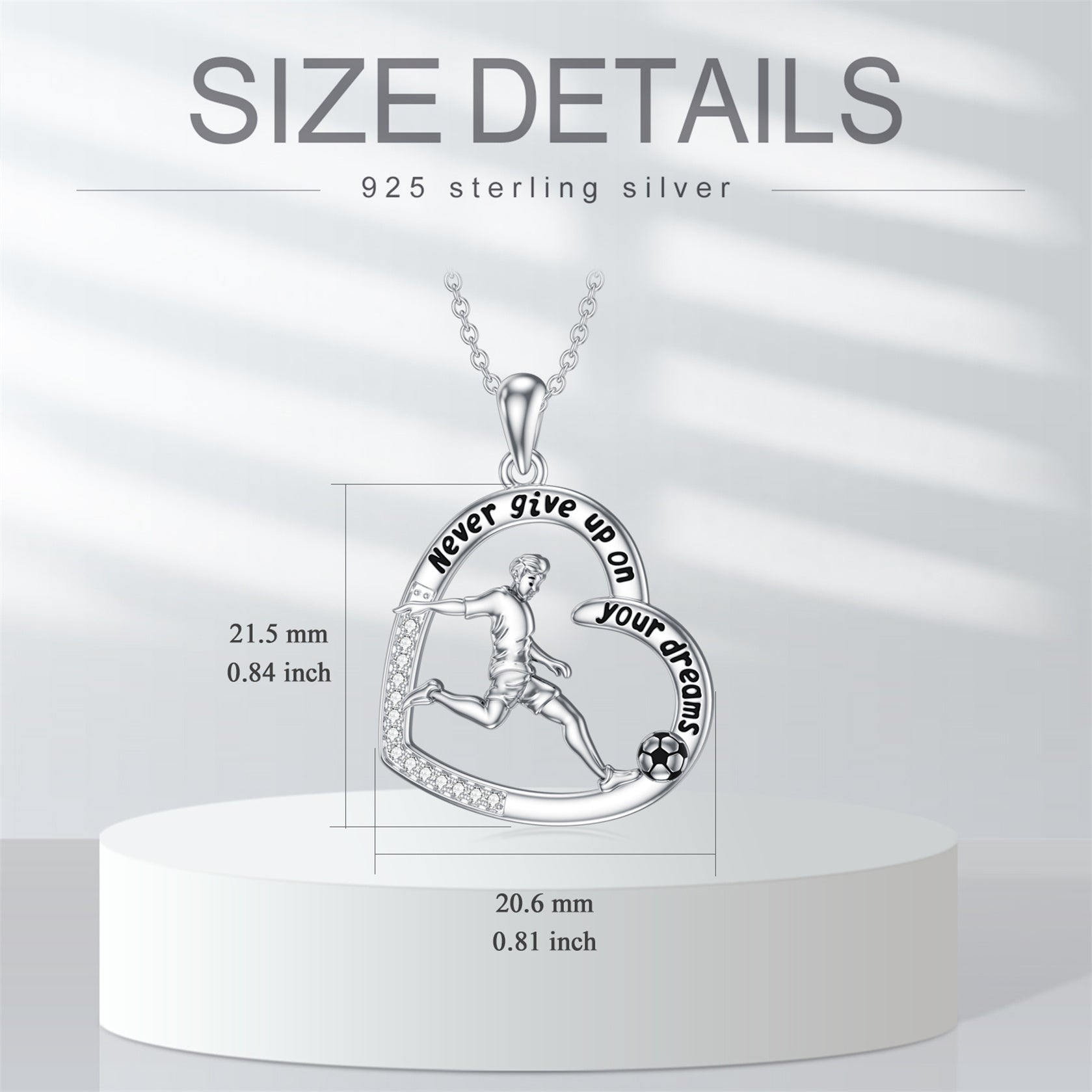 Sterling Silver Round Cubic Zirconia Football & Heart Pendant Necklace with Engraved Word