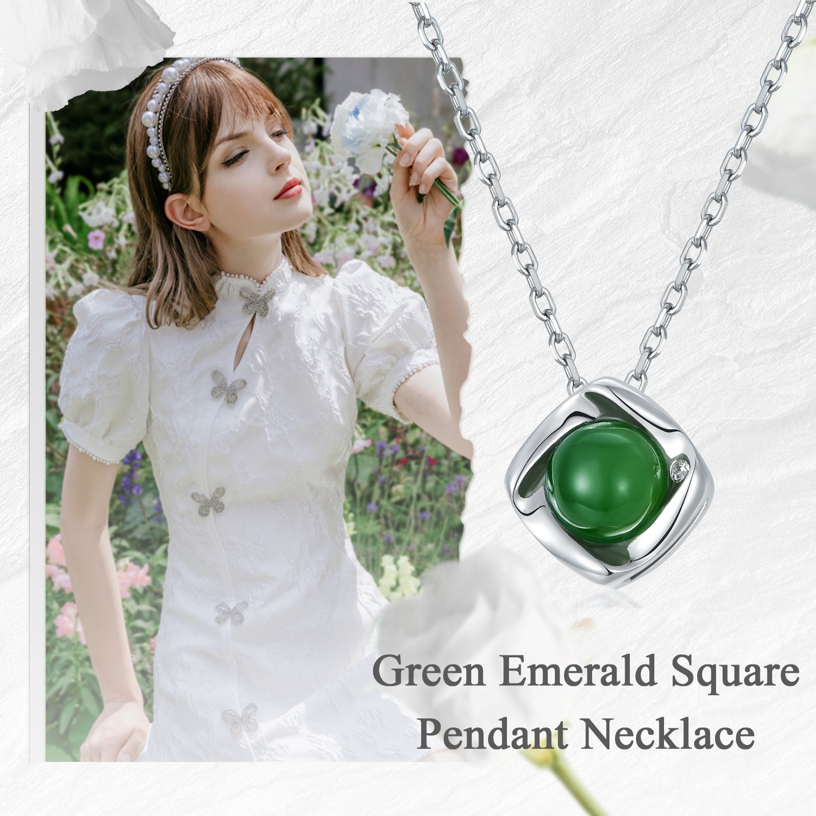 Sterling Silver Round Jade Square Pendant Necklace