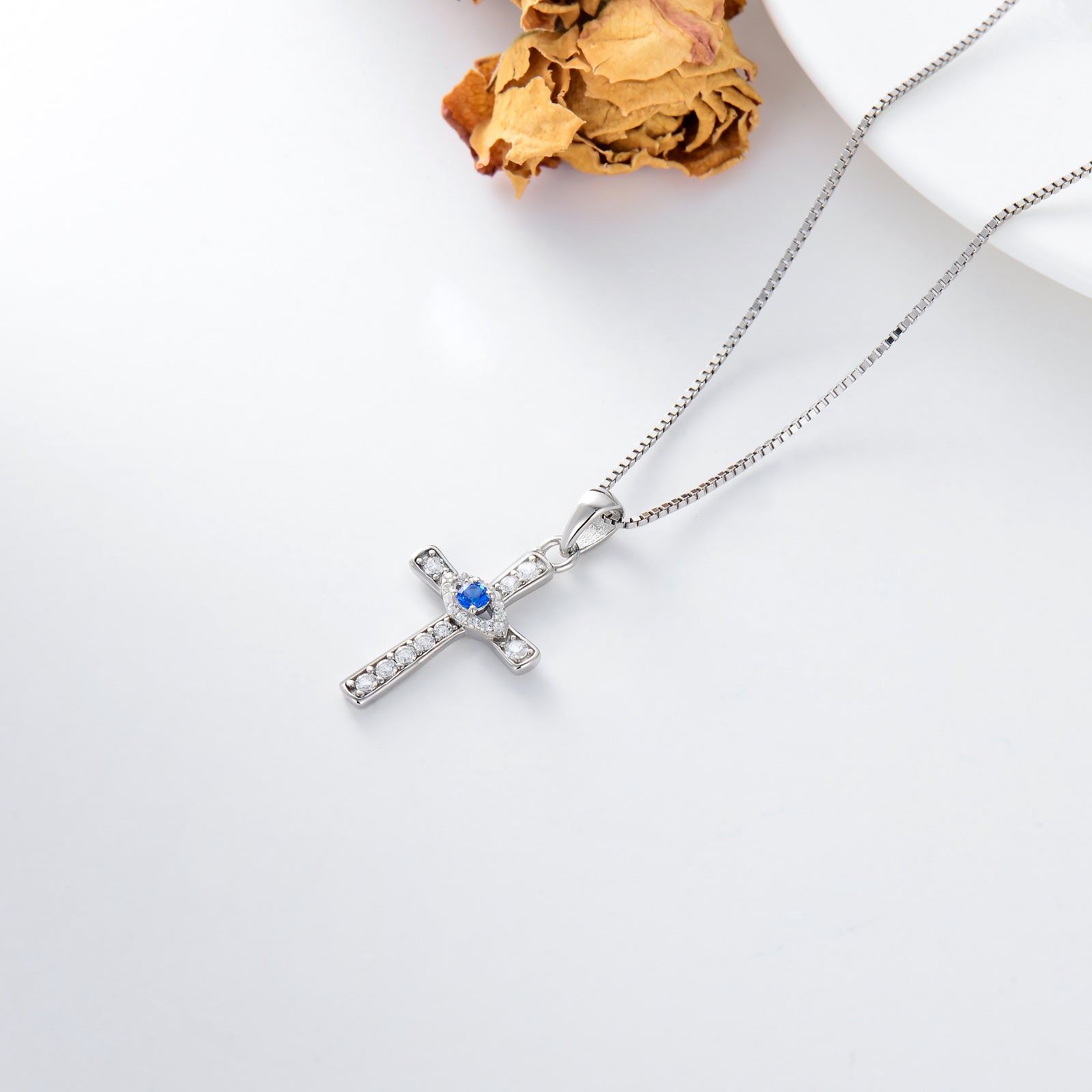 Sterling Silver Round Moissanite Cross & Evil Eye Pendant Necklace