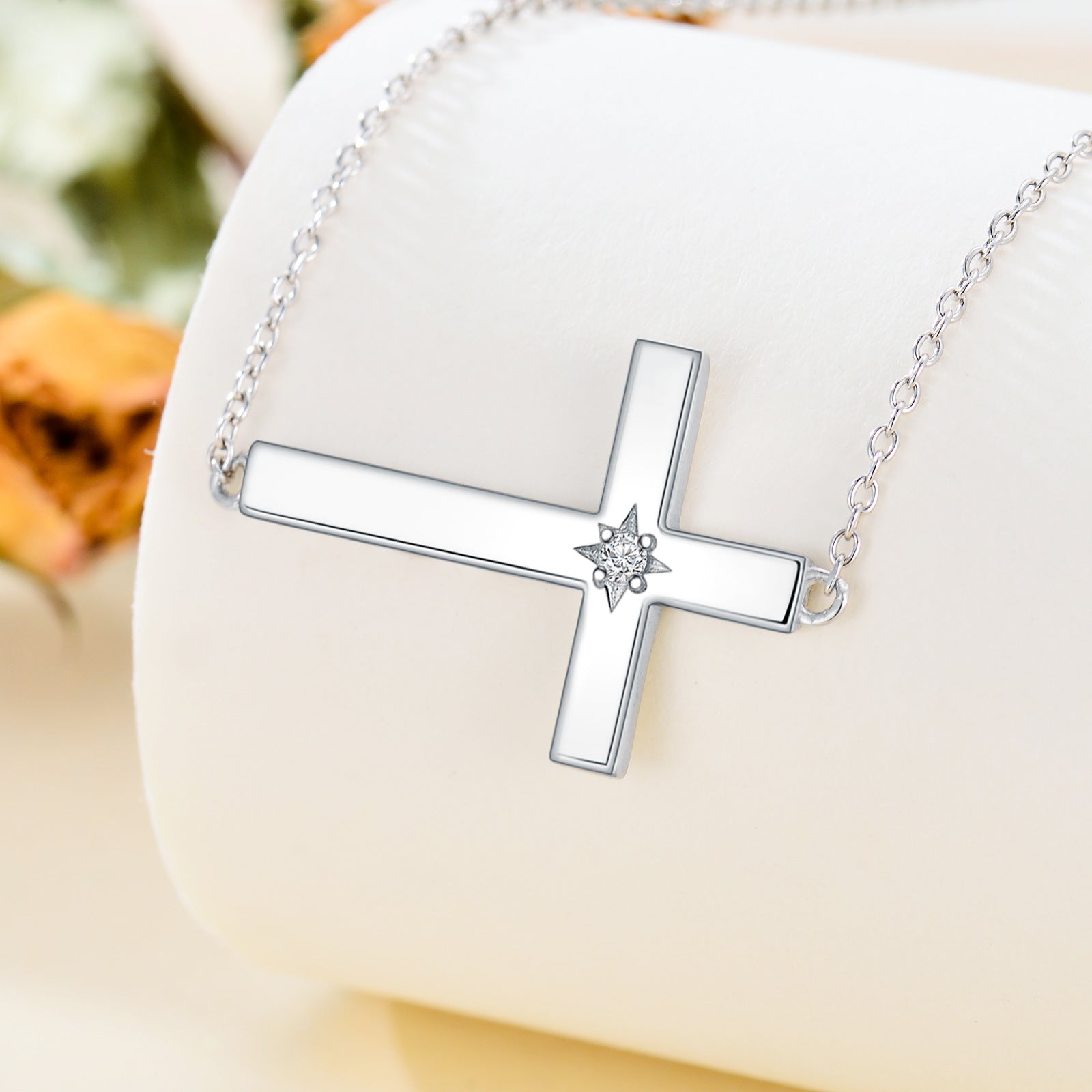 Sterling Silver Round Moissanite Cross Pendant Necklace