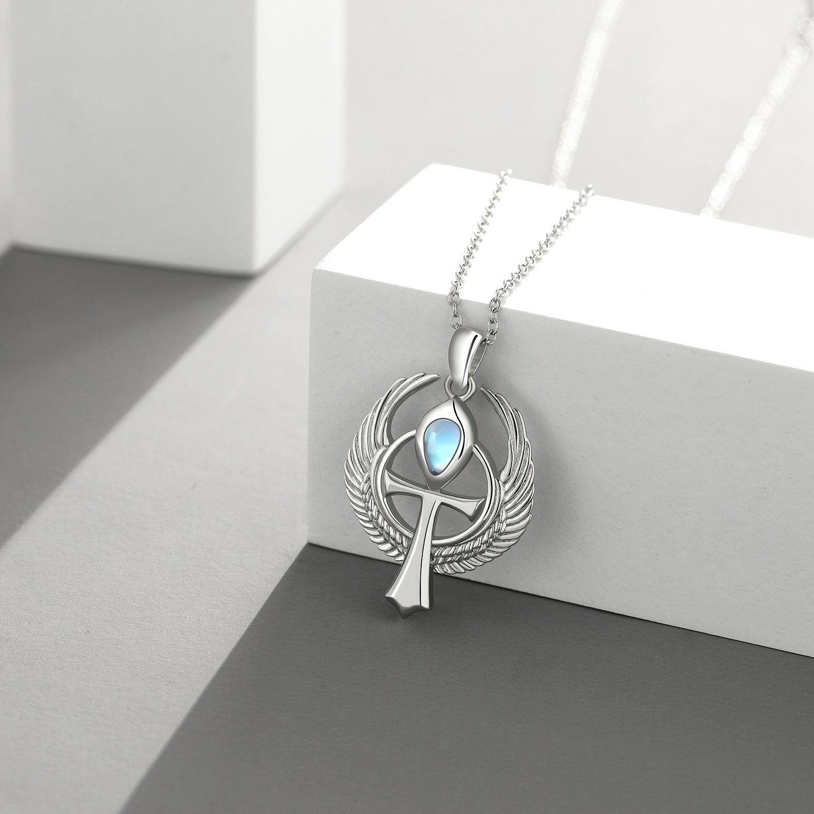 Sterling Silver Round Moonstone Allah & Angel Wing Pendant Necklace