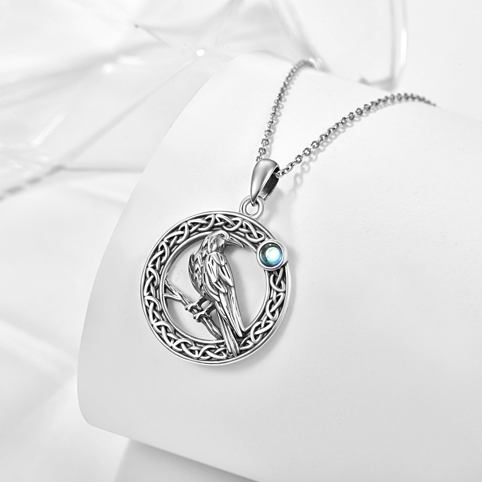 Sterling Silver Round Moonstone Bird & Celtic Knot Pendant Necklace