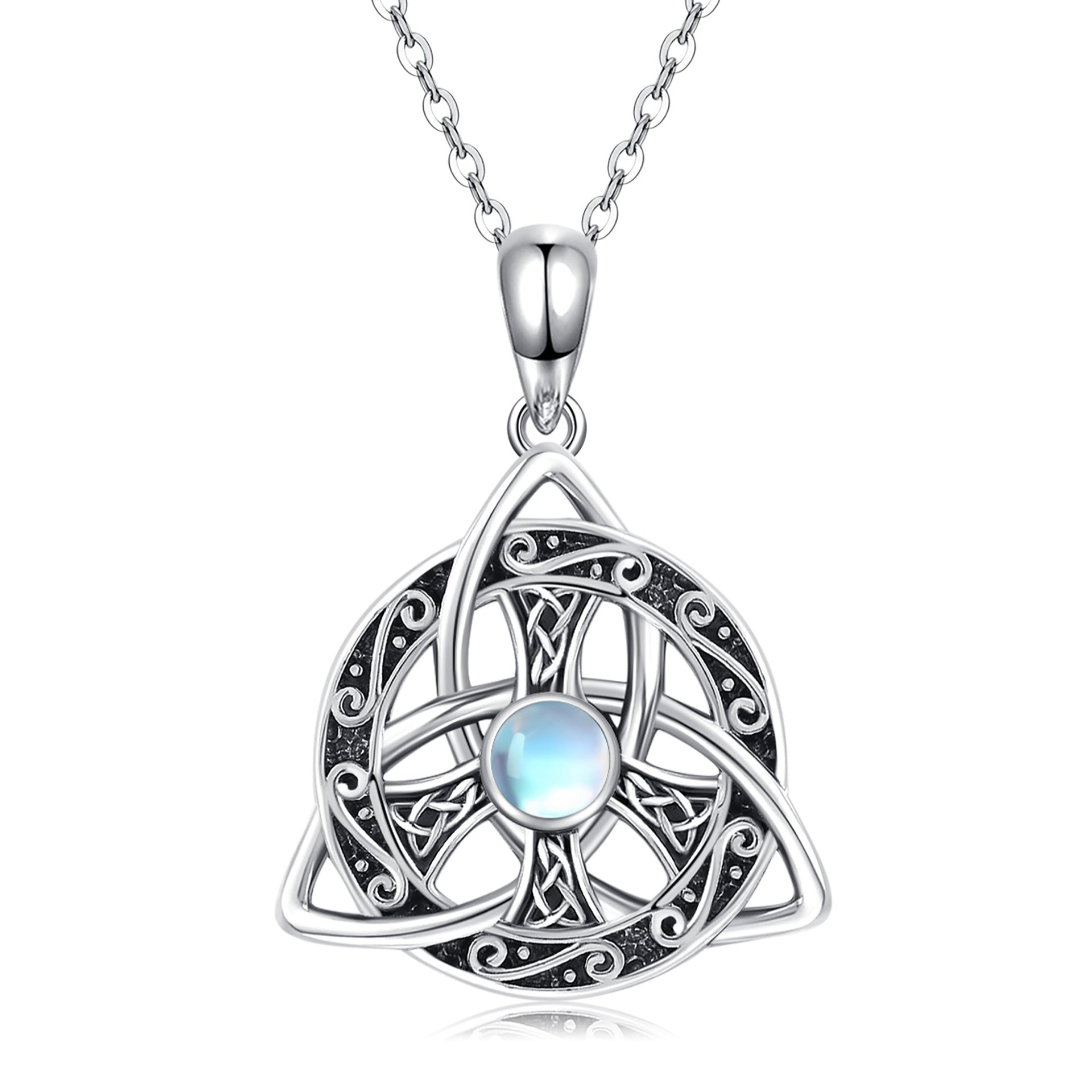 Sterling Silver Round Moonstone Celtic Knot & Peace Symbol Pendant Necklace