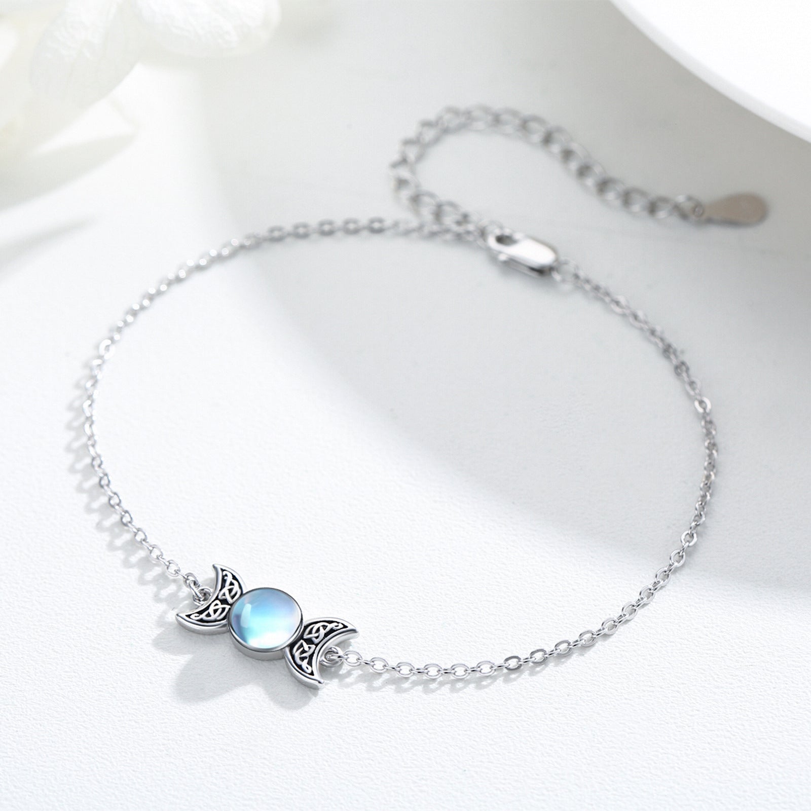 Sterling Silver Round Moonstone Celtic Knot & Triple Moon Goddess Charm Bracelet