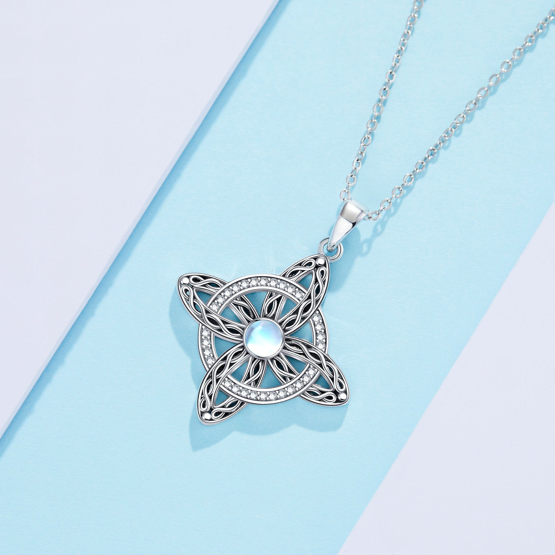 Sterling Silver Round Moonstone Cross Celtic Knot Pendant Necklace