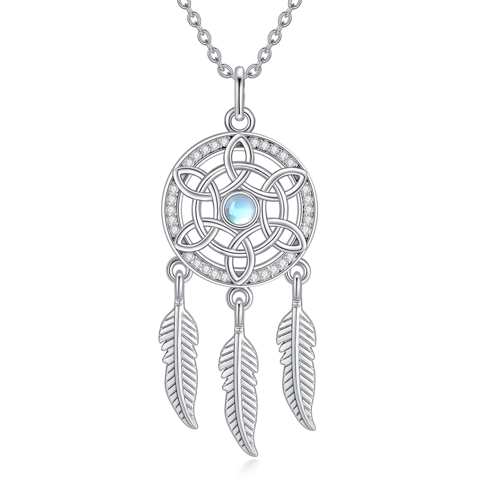 Sterling Silver Round Moonstone Dream Catcher Pendant Necklace
