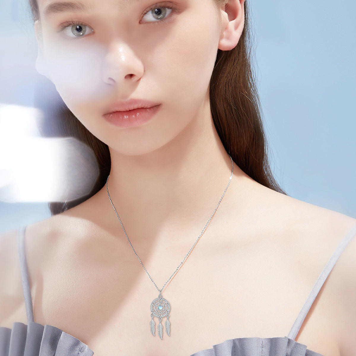 Sterling Silver Round Moonstone Dream Catcher Pendant Necklace