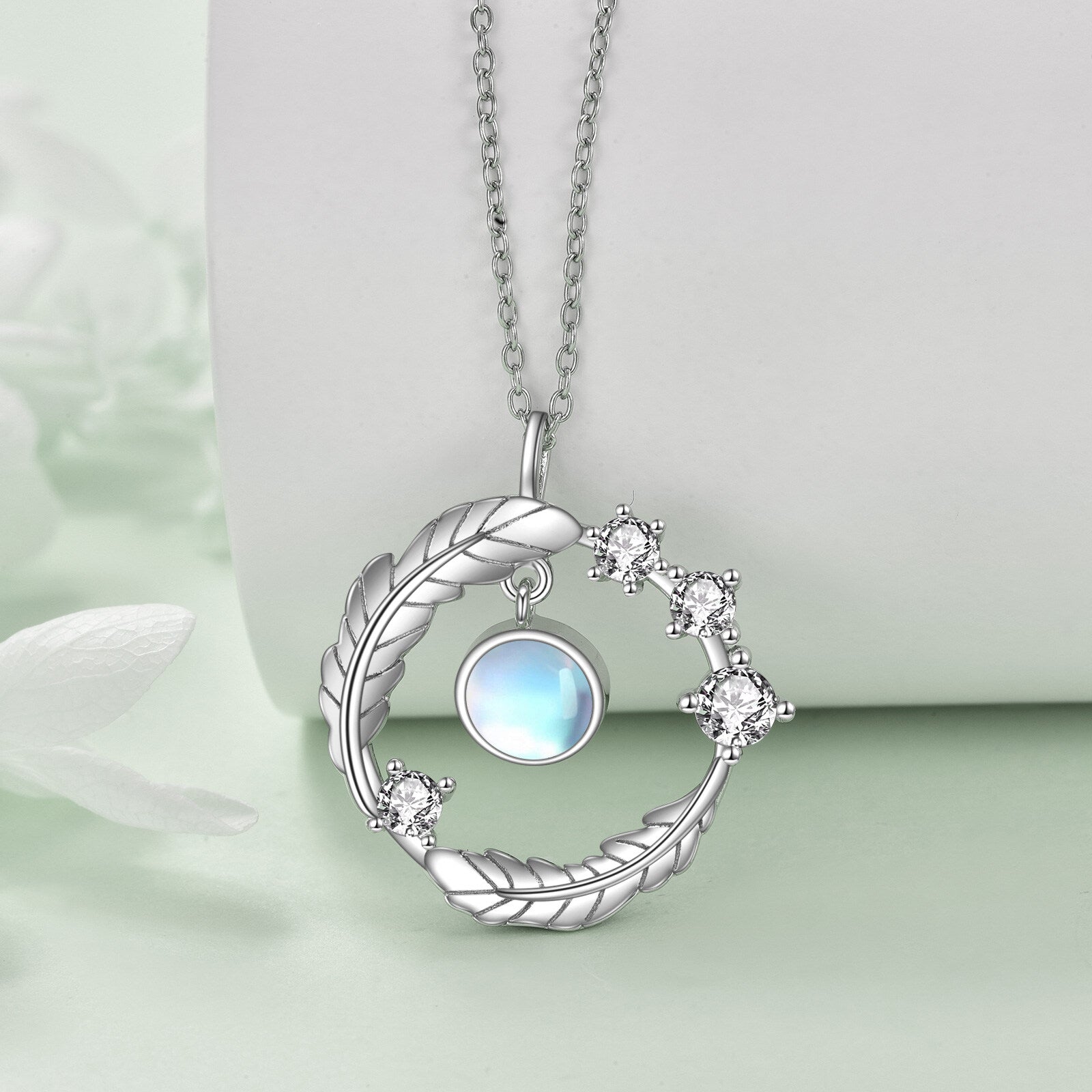Sterling Silver Round Moonstone Leaves Pendant Necklace