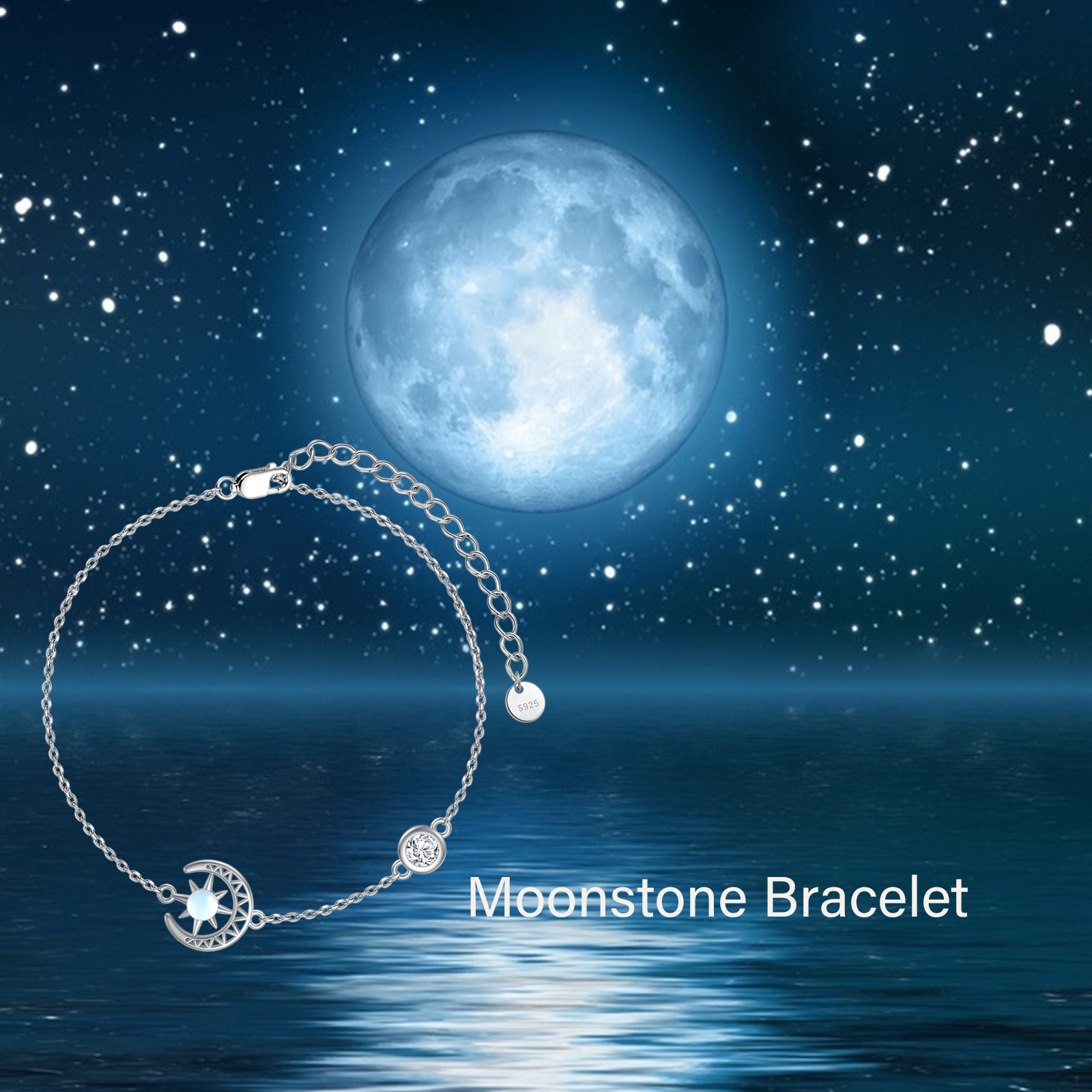 Sterling Silver Round Moonstone Moon Charm Bracelet