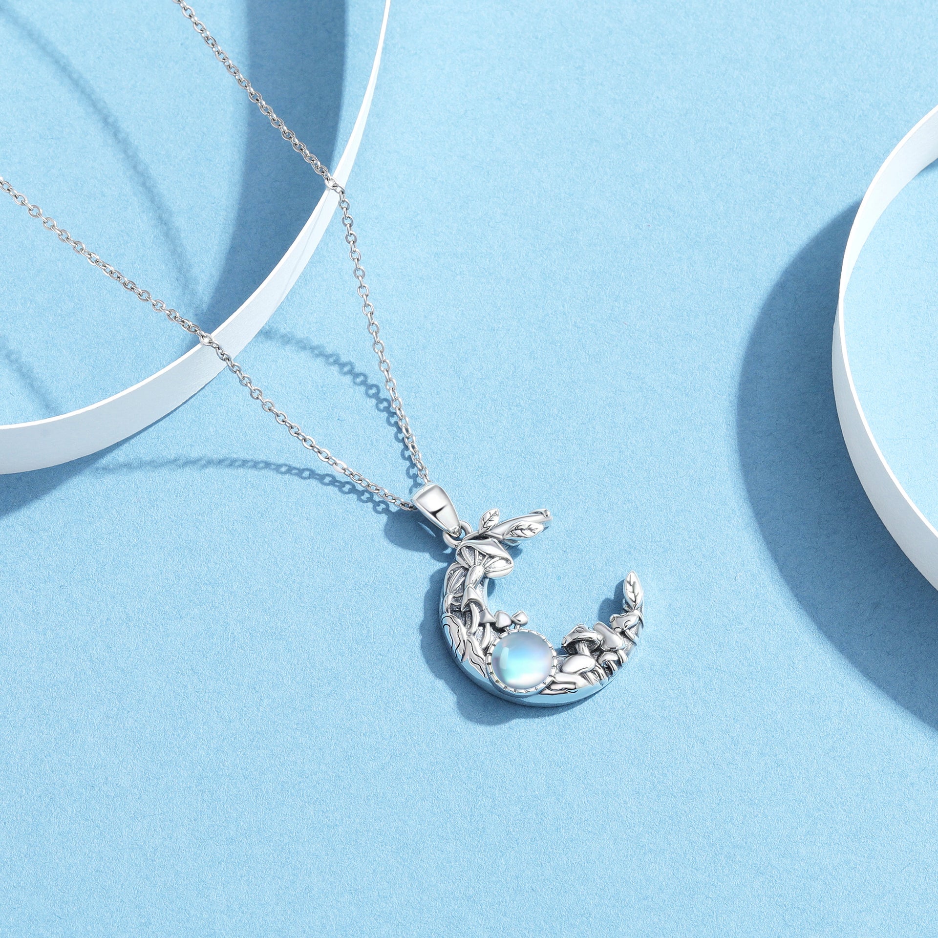 Sterling Silver Round Moonstone Mushroom & Moon Pendant Necklace