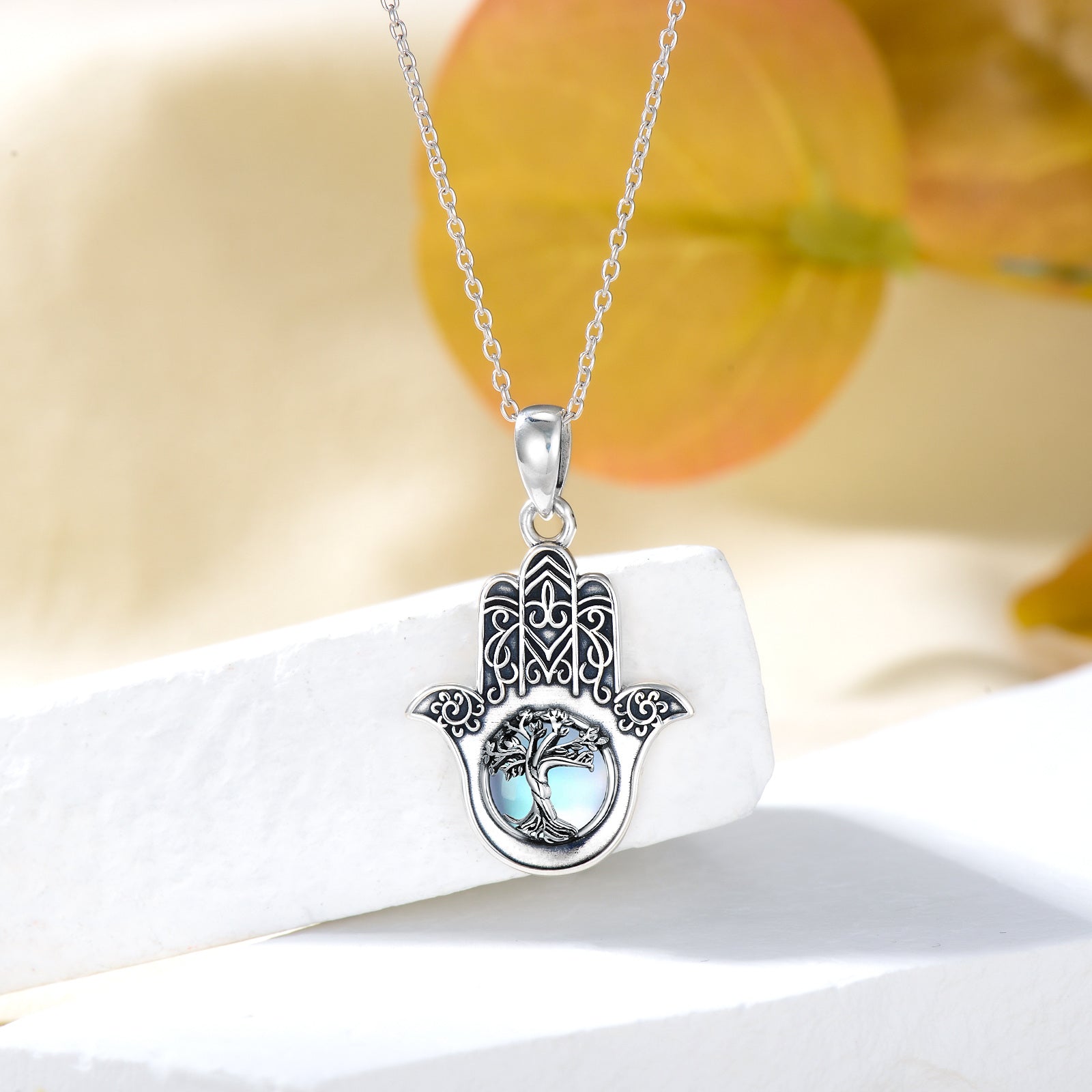 Sterling Silver Round Moonstone Tree Of Life & Hamsa Hand Pendant Necklace