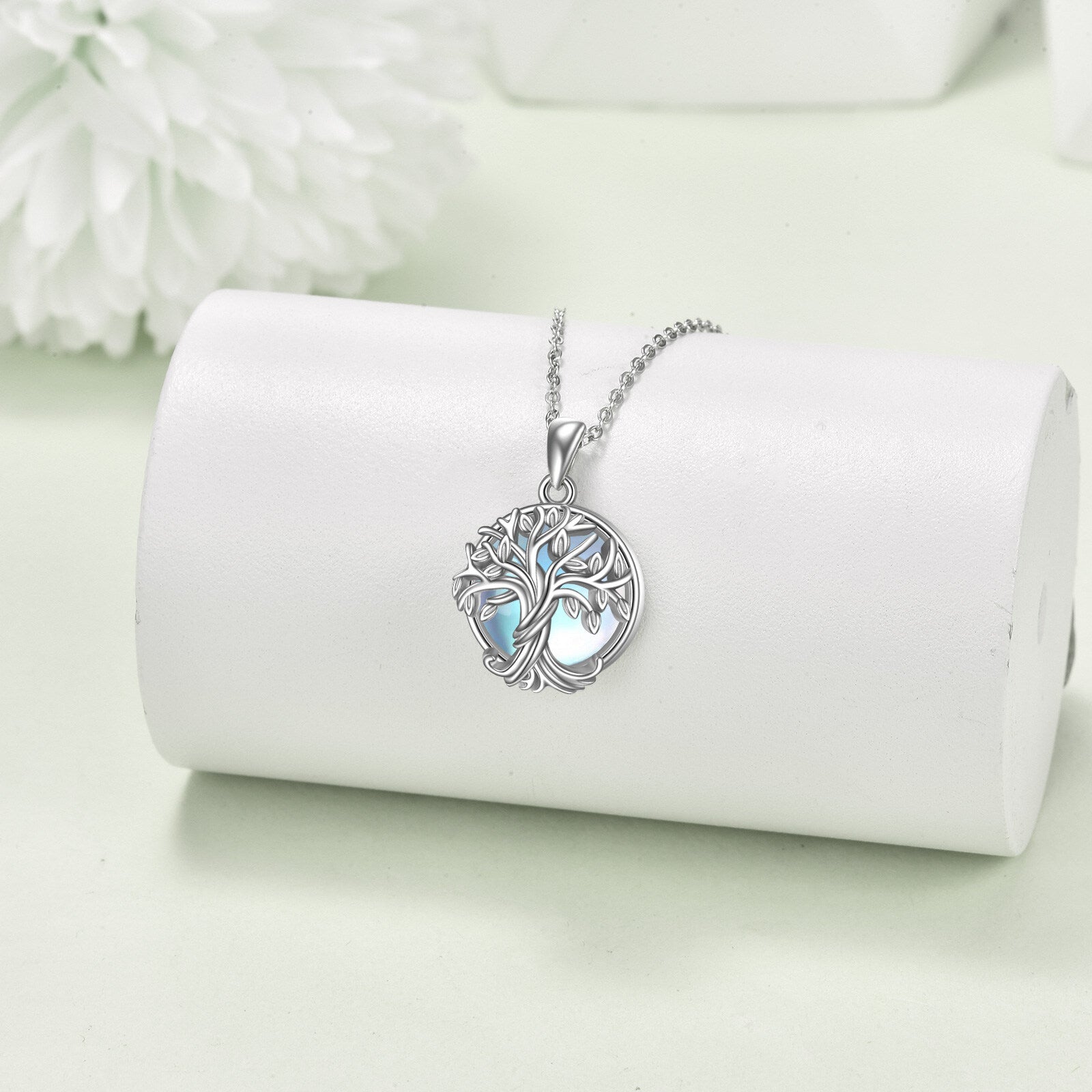 Sterling Silver Round Moonstone Tree Of Life Pendant Necklace