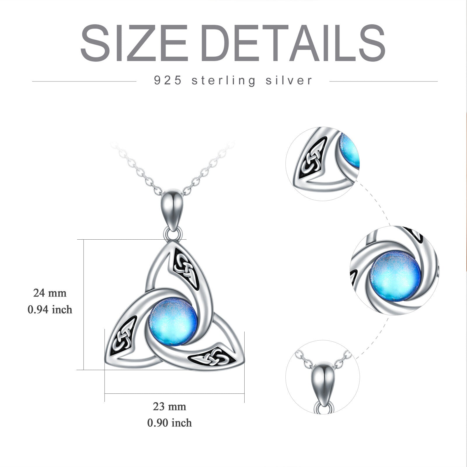 Sterling Silver Round Moonstone Triquetra Celtic Knot & Moon Pendant Necklace