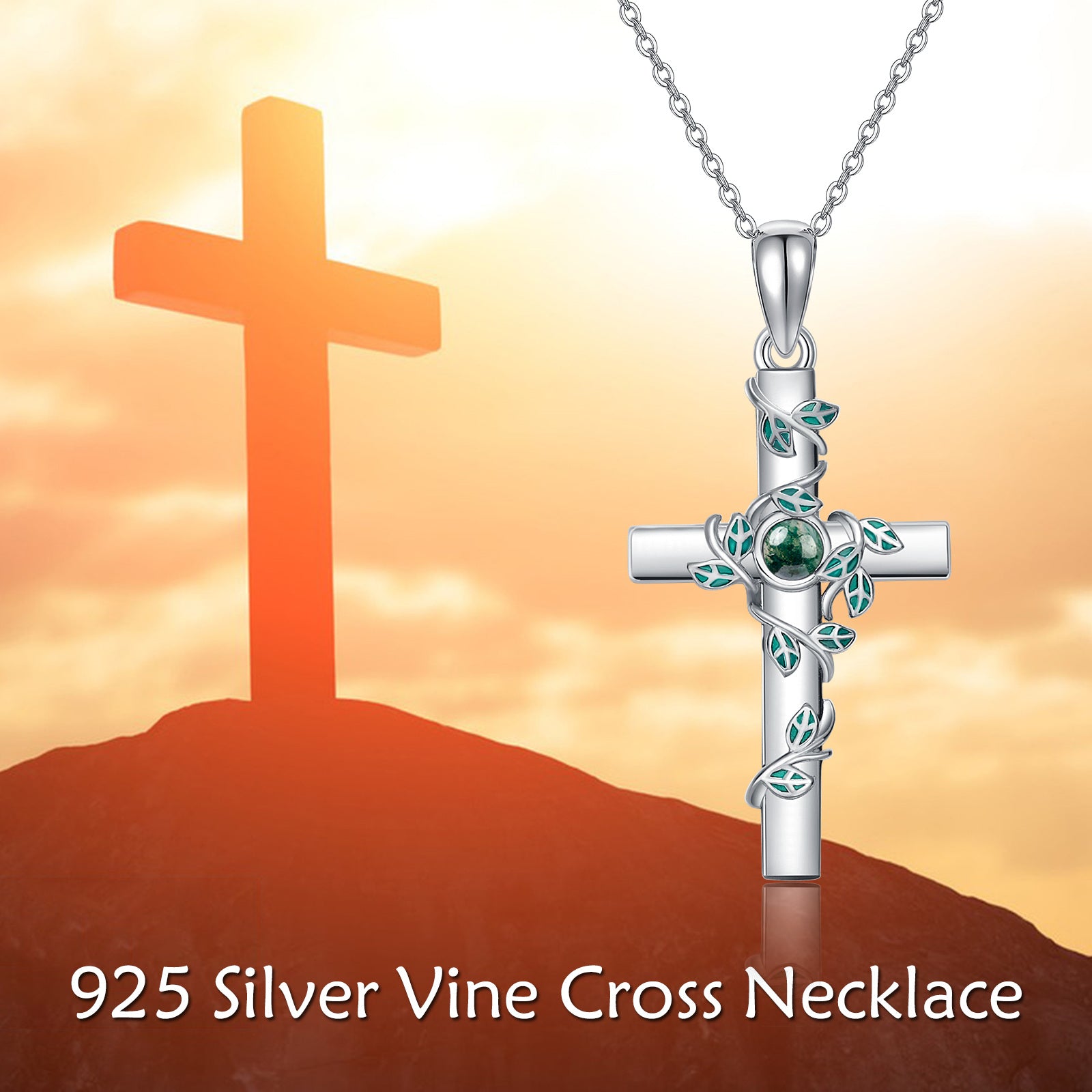 Sterling Silver Round Moss Agate Leaves & Cross Pendant Necklace