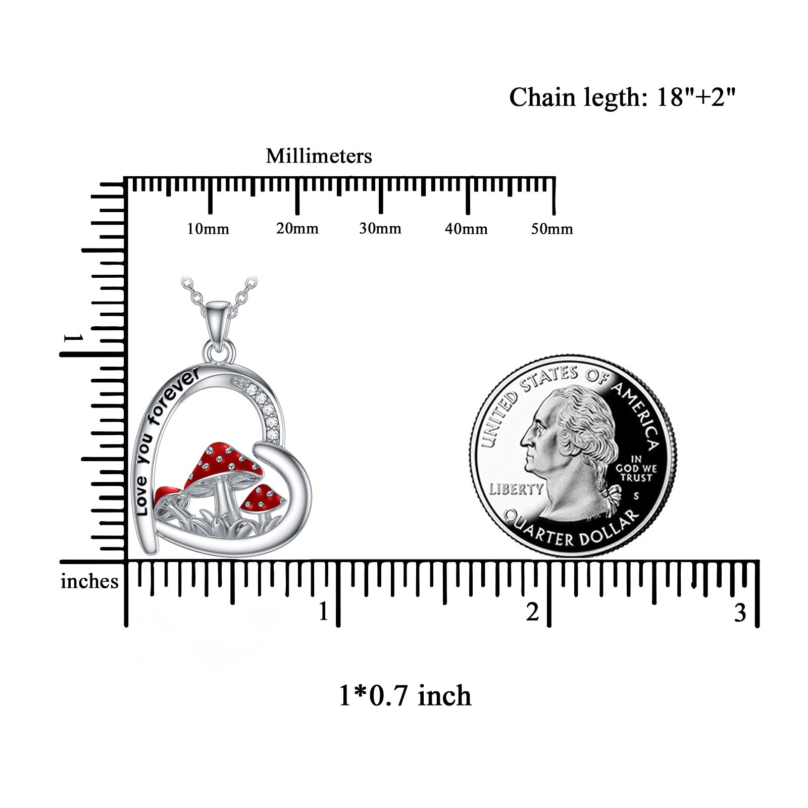 Sterling Silver Round Cubic Zirconia Mushroom & Heart Pendant Necklace with Engraved Word