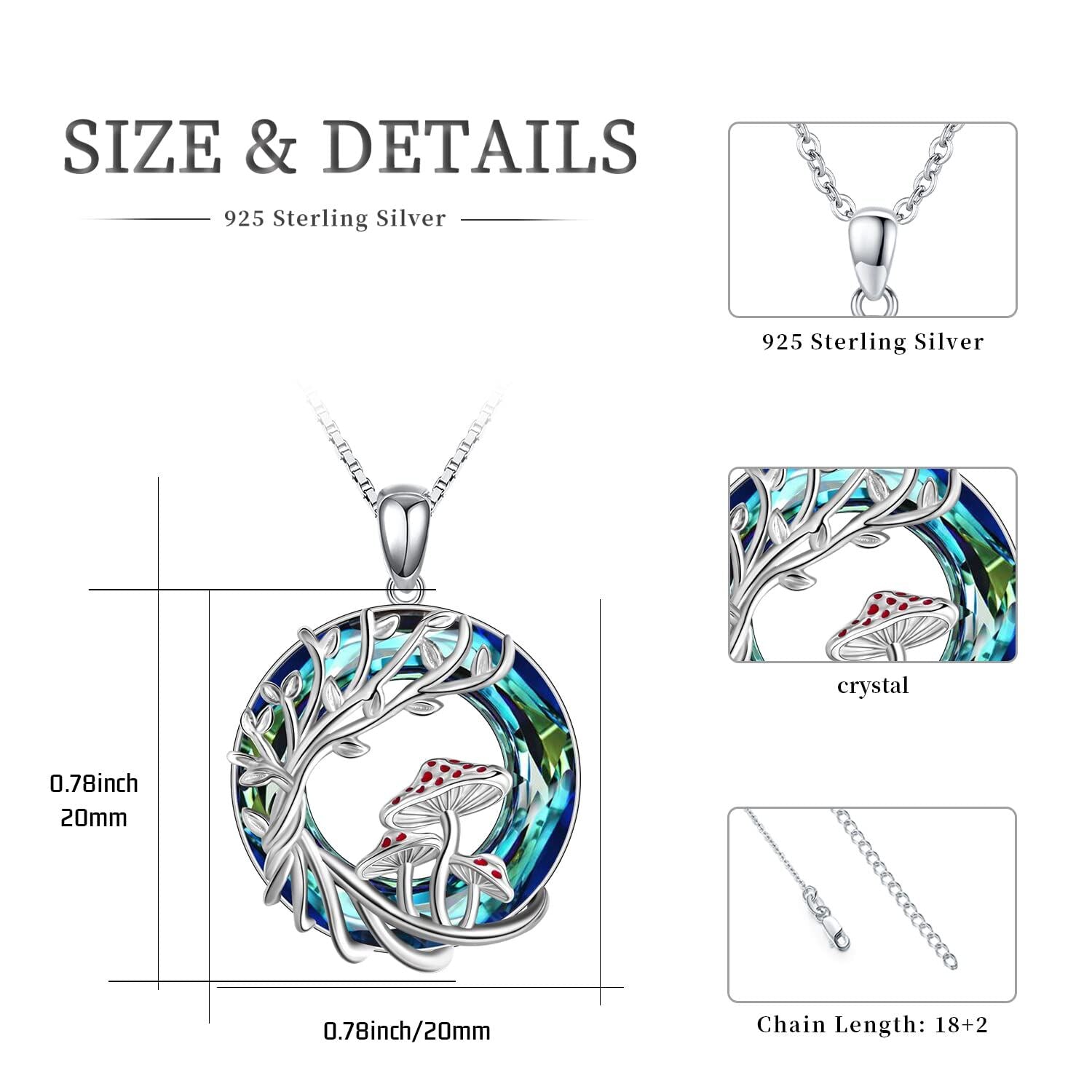 Sterling Silver Round Mushroom & Tree Of Life Crystal Pendant Necklace