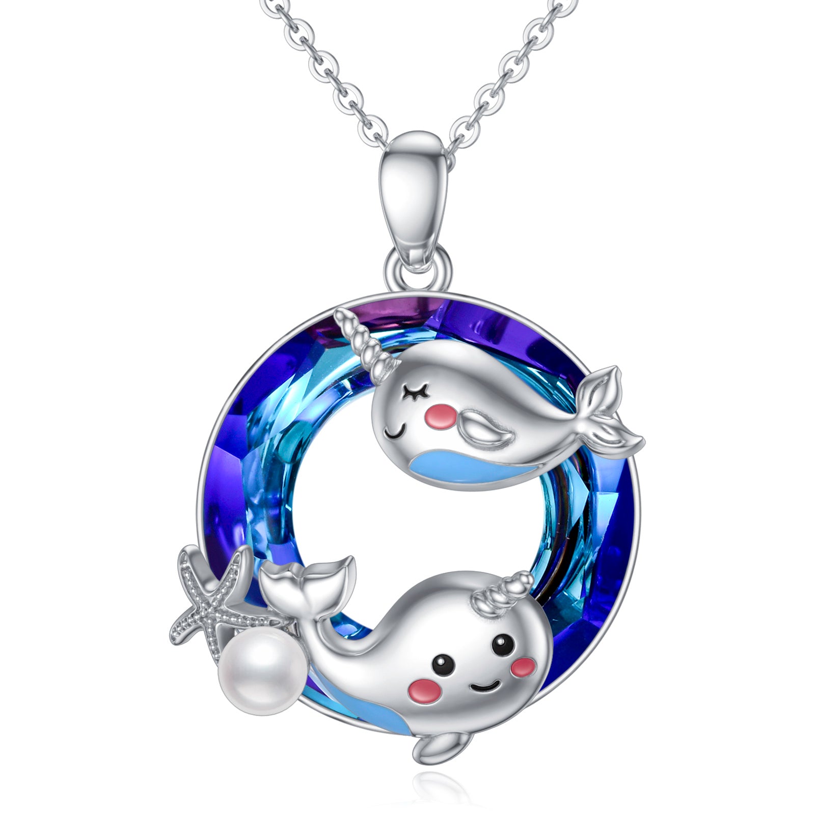 Sterling Silver Round Narwhal Crystal Pendant Necklace