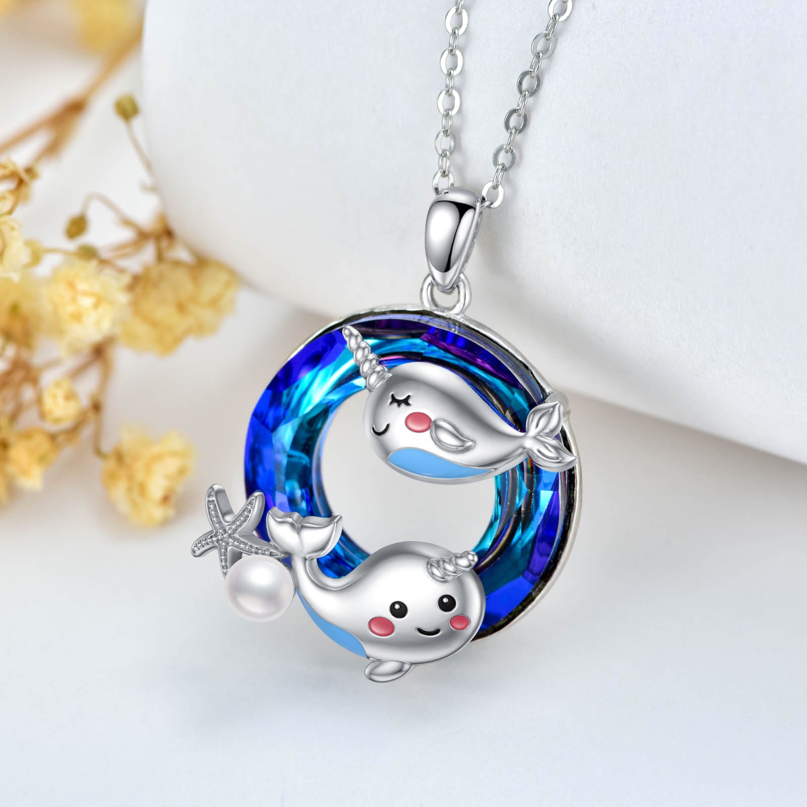 Sterling Silver Round Narwhal Crystal Pendant Necklace