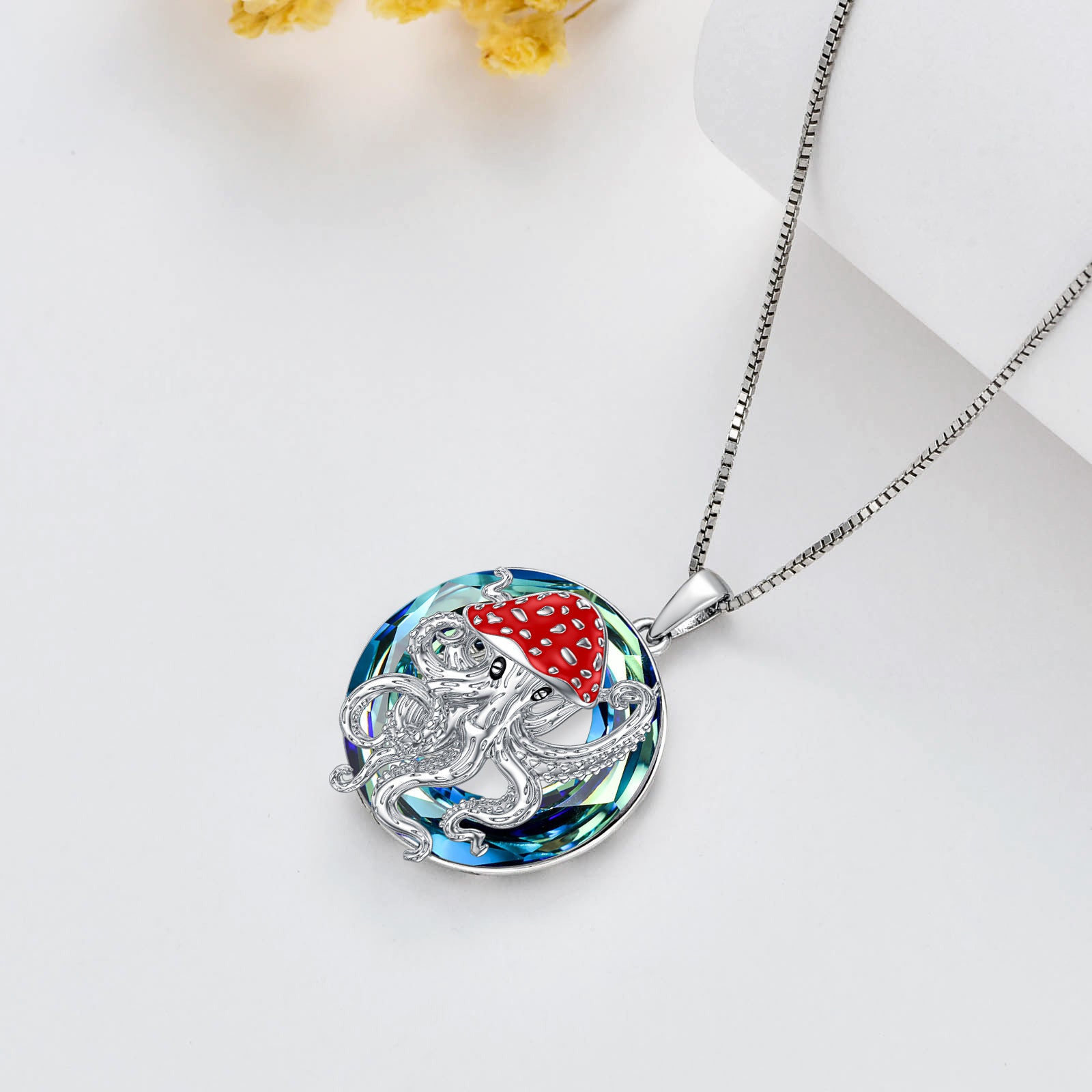 Sterling Silver Round Octopus & Mushroom Crystal Pendant Necklace