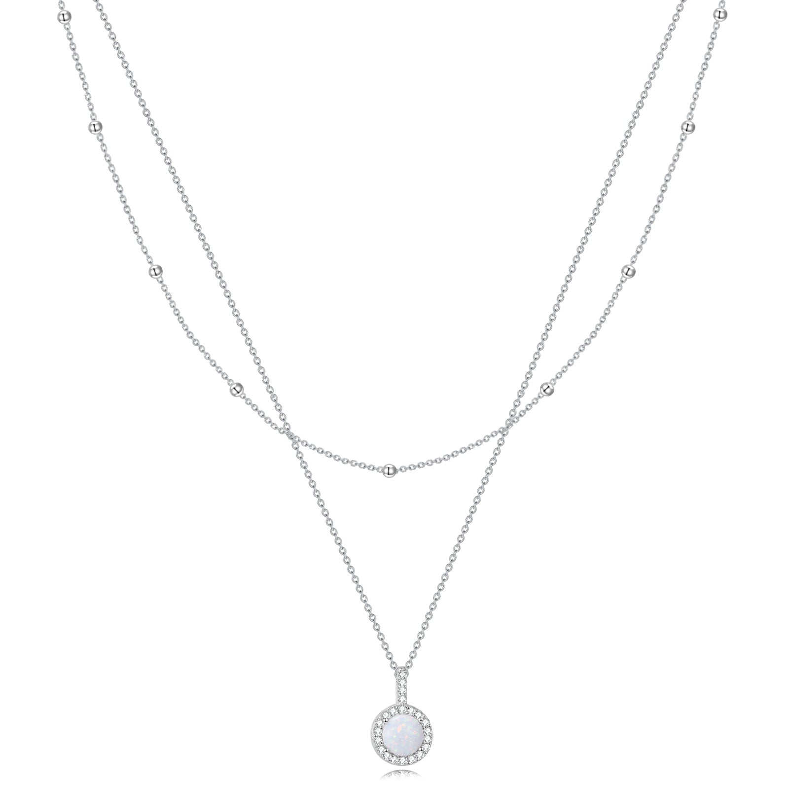 Sterling Silver Round Cubic Zirconia & Opal Round Layered Necklace For Women