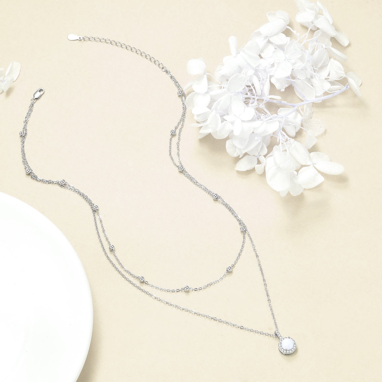 Sterling Silver Round Cubic Zirconia & Opal Round Layered Necklace For Women