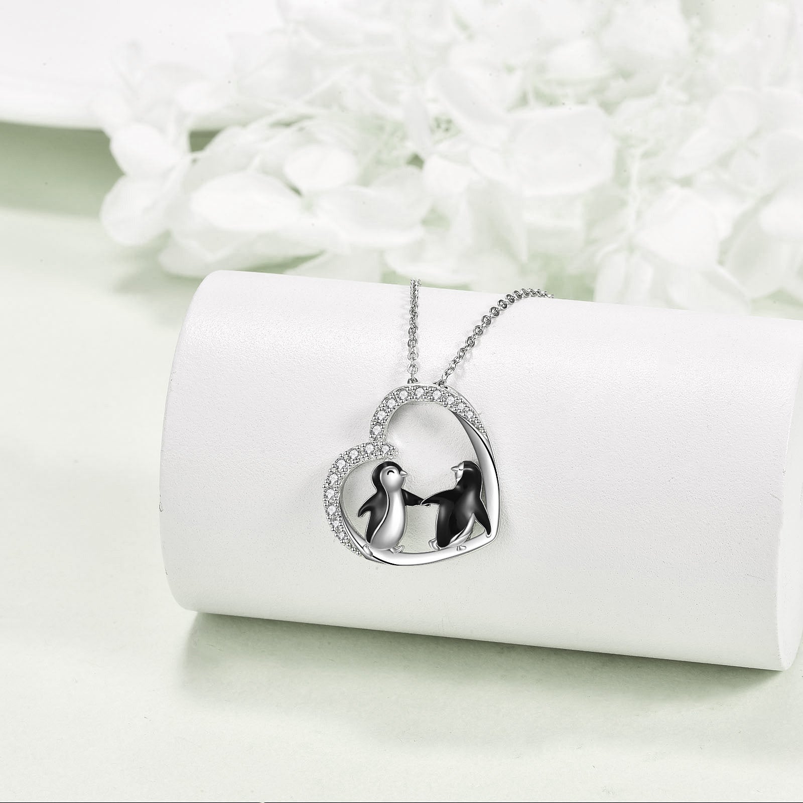 Sterling Silver Round Cubic Zirconia Penguin & Heart Pendant Necklace