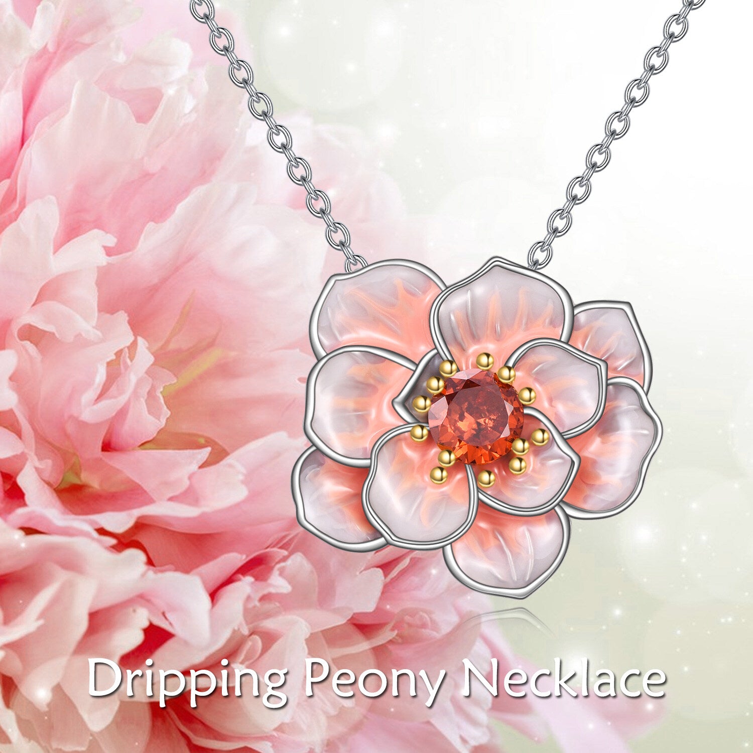 Sterling Silver Round Cubic Zirconia Peony Flower Pendant Necklace