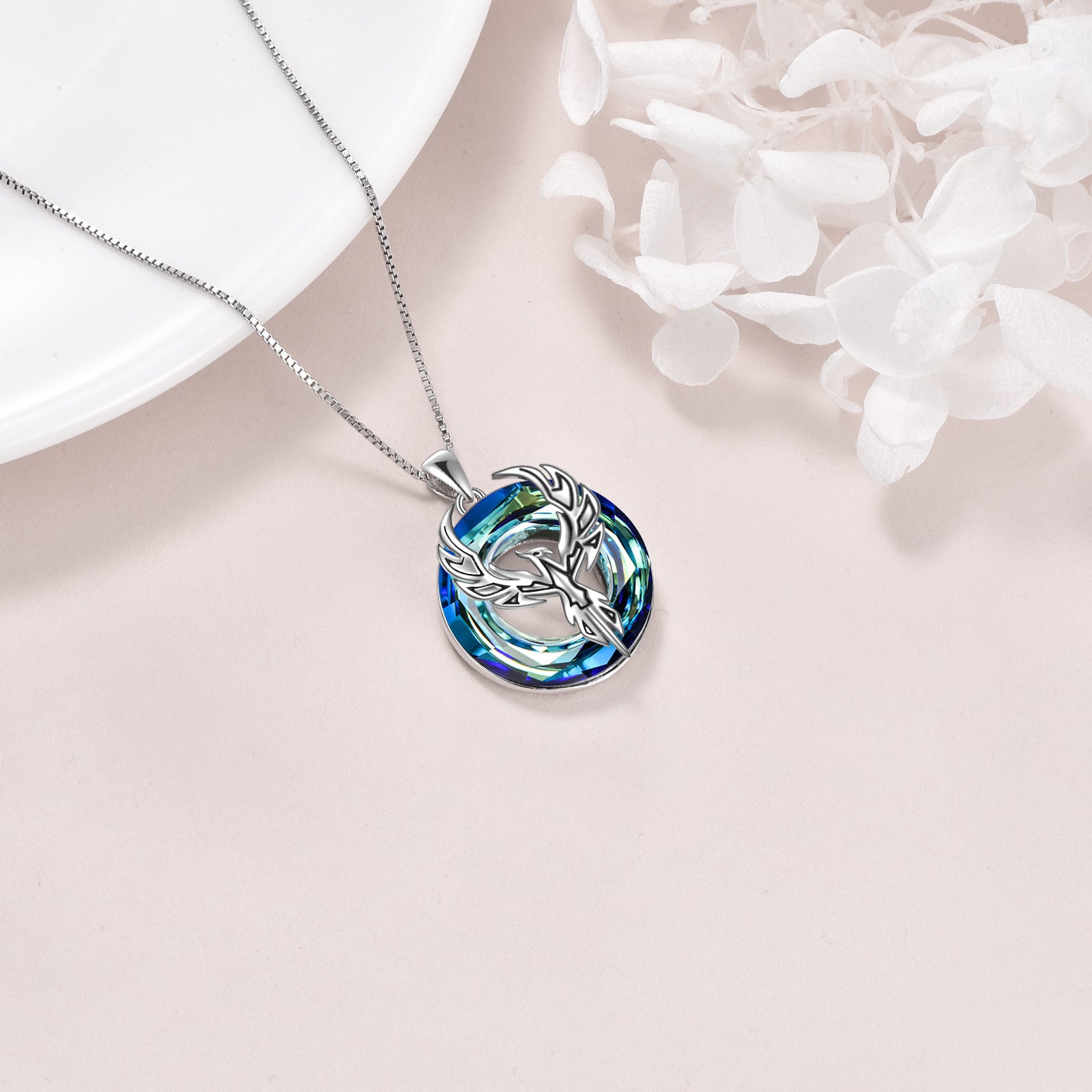 Sterling Silver Round Phoenix Crystal Pendant Necklace
