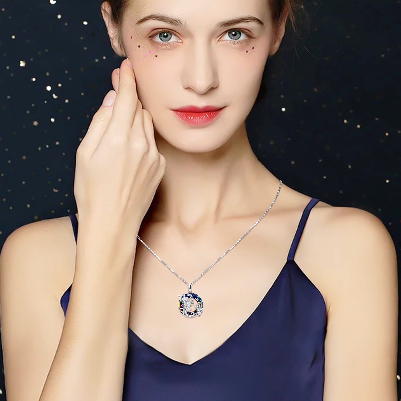 Sterling Silver Round Phoenix Crystal Pendant Necklace