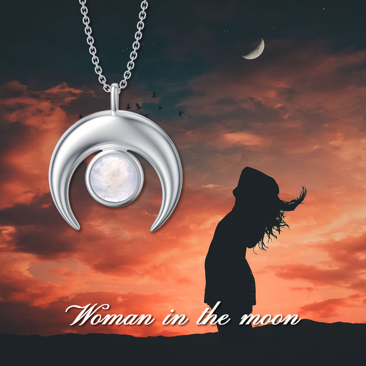 Sterling Silver Round Shaped Moonstone Crescent Moon Pendant Necklace