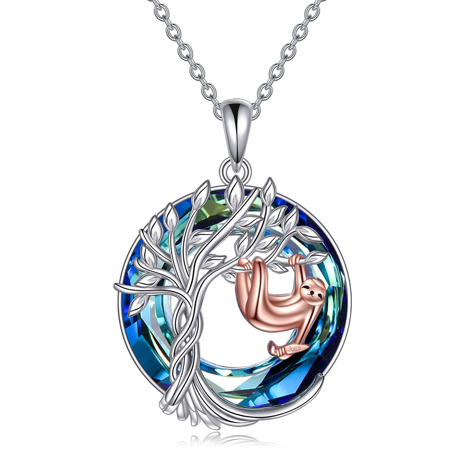 Sterling Silver Round Sloth & Tree Of Life Crystal Pendant Necklace