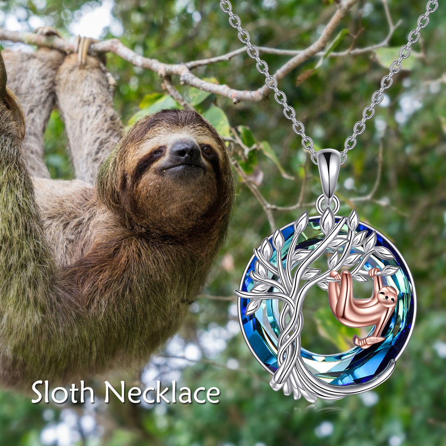 Sterling Silver Round Sloth & Tree Of Life Crystal Pendant Necklace
