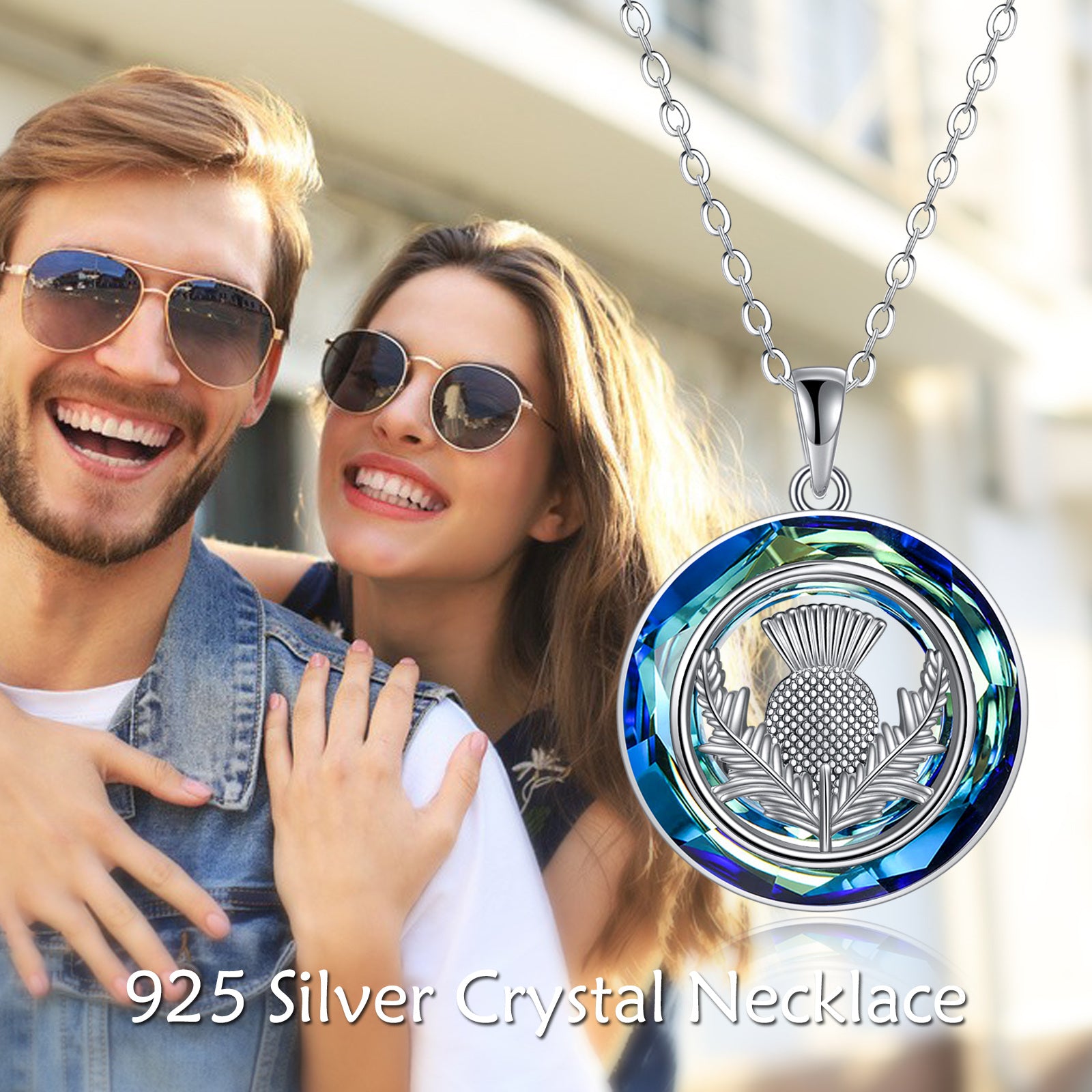 Sterling Silver Round Thistle Crystal Pendant Necklace