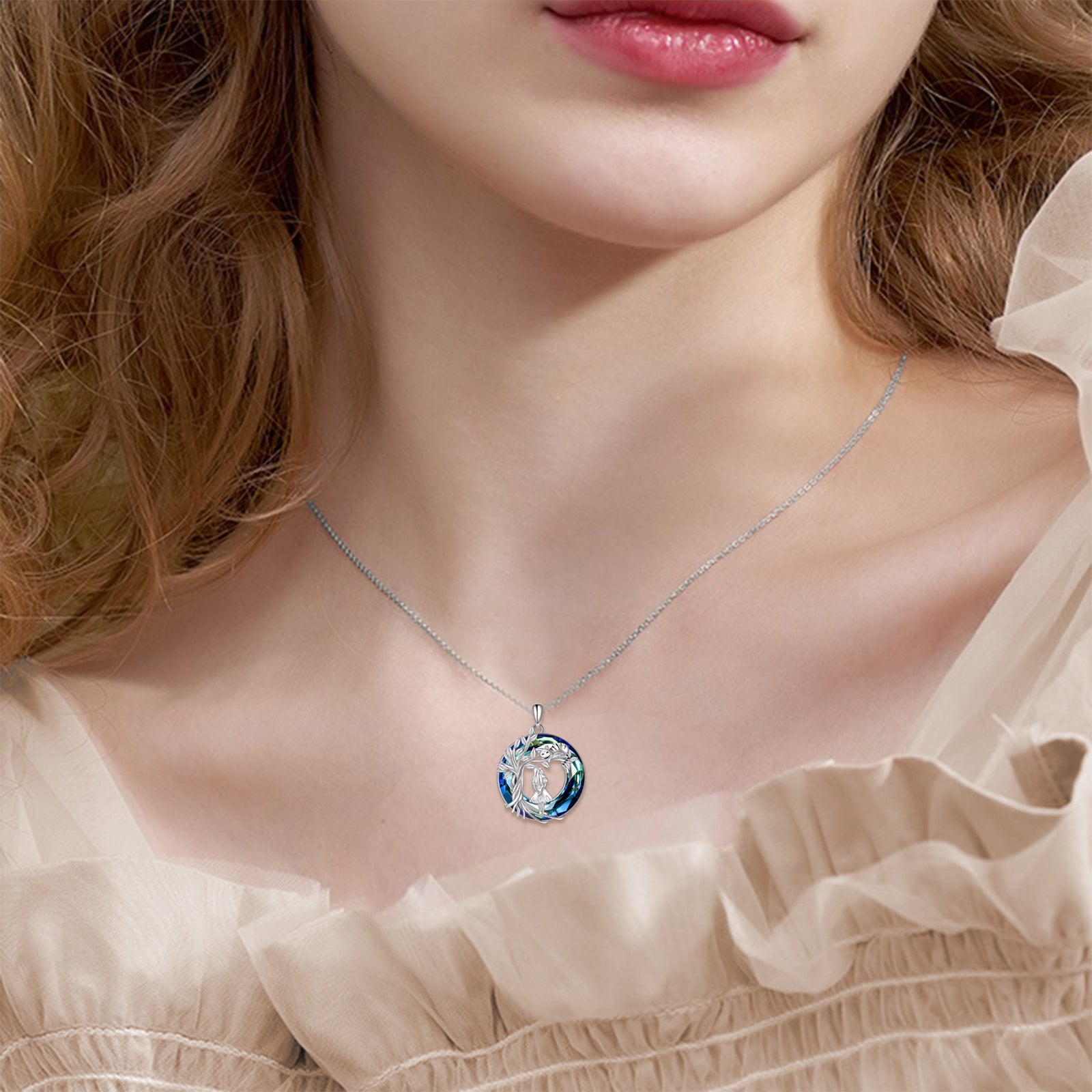 Sterling Silver Round Tree Of Life Girl & Cat Crystal Pendant Necklace