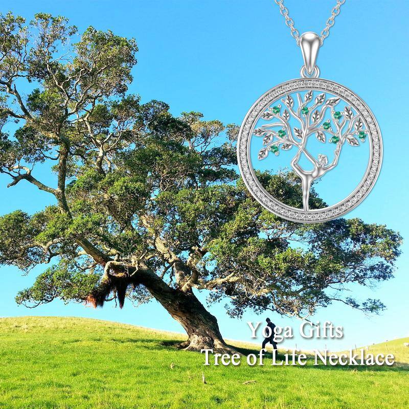 Sterling Silver Round Cubic Zirconia Tree Of Life & Yoga Pendant Necklace