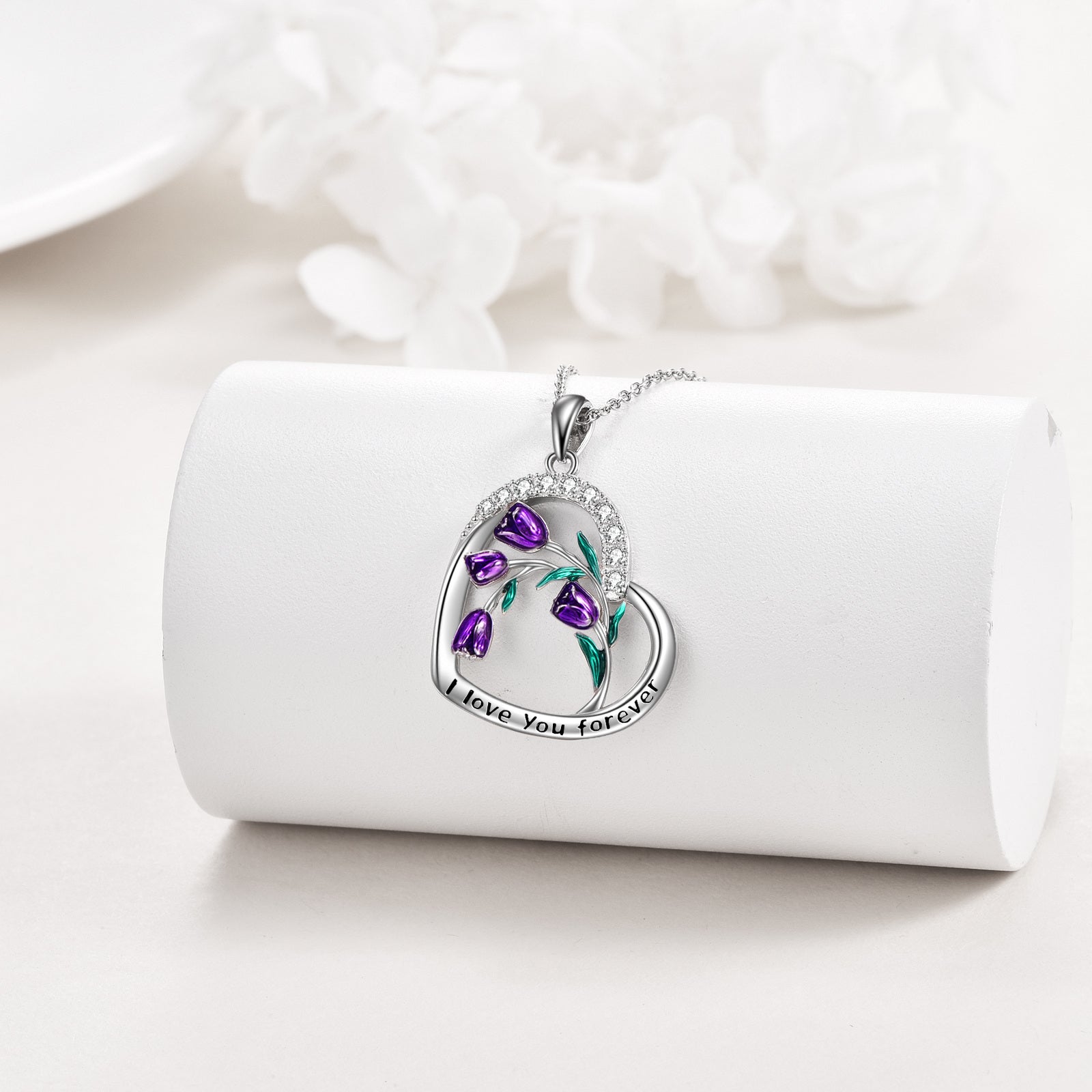 Sterling Silver Round Cubic Zirconia Tulip Pendant Necklace with Engraved Word