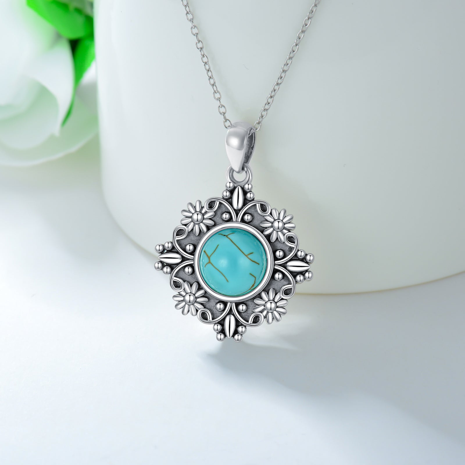 Sterling Silver Round Turquoise Daisy Pendant Necklace