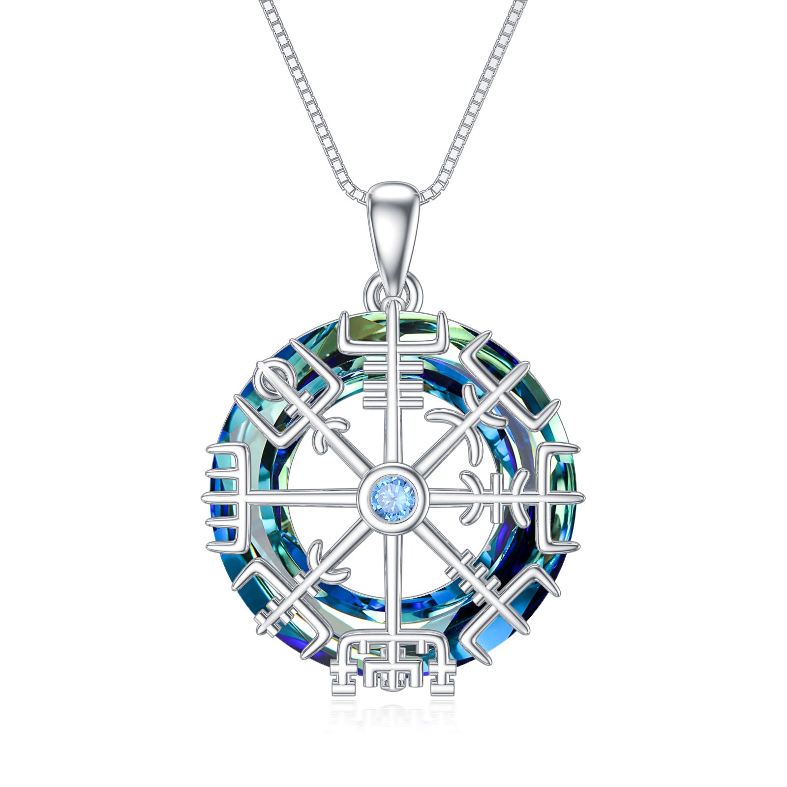 Sterling Silver Round Viking Rune Crystal Pendant Necklace